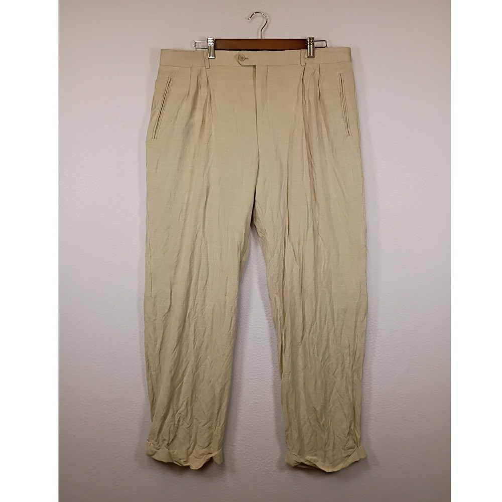 Old Money Brandini Mens 38 Beige Linen Blend Pleated Cuffed Dress Trousers